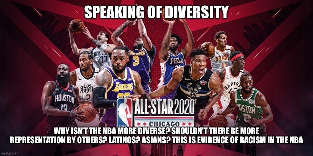 SPEAKING OF DIVERSITY; WHY ISN’T THE NBA MORE DIVERSE? SHOULDN’T THERE BE MORE REPRESENTATION BY OTHERS? LATINOS? ASIANS? THIS IS EVIDENCE OF RACISM IN THE NBA | image tagged in diversity | made w/ Imgflip meme maker