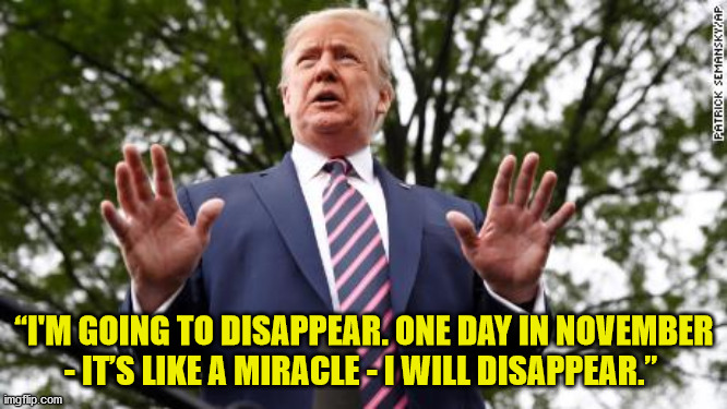 Trump Disappear Miracle | “I'M GOING TO DISAPPEAR. ONE DAY IN NOVEMBER - IT’S LIKE A MIRACLE - I WILL DISAPPEAR.” | image tagged in trump,disappearing,covid,coronavirus | made w/ Imgflip meme maker