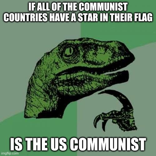 Philosoraptor | IF ALL OF THE COMMUNIST COUNTRIES HAVE A STAR IN THEIR FLAG; IS THE US COMMUNIST | image tagged in memes,philosoraptor | made w/ Imgflip meme maker