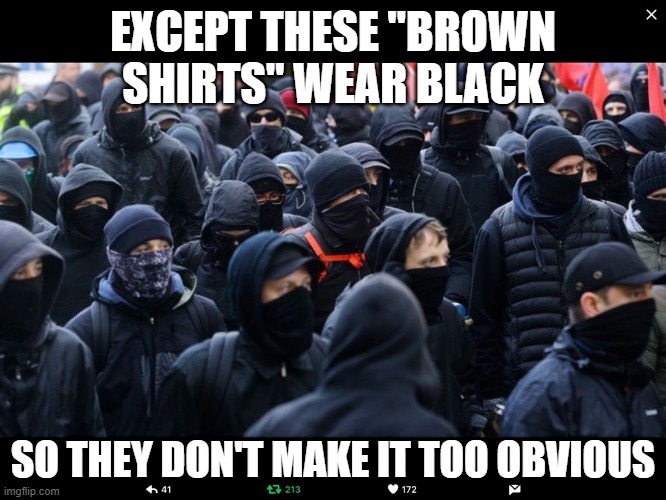 Antifa | EXCEPT THESE "BROWN SHIRTS" WEAR BLACK SO THEY DON'T MAKE IT TOO OBVIOUS | image tagged in antifa | made w/ Imgflip meme maker