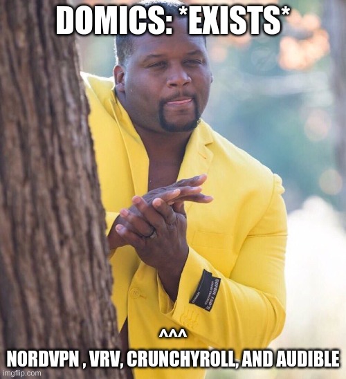 When someone | DOMICS: *EXISTS*; ^^^
NORDVPN , VRV, CRUNCHYROLL, AND AUDIBLE | image tagged in when someone | made w/ Imgflip meme maker