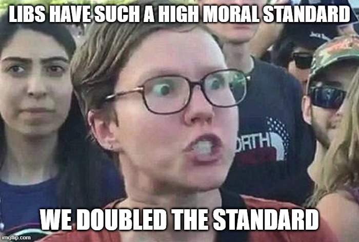 LIbs standard is double standard | LIBS HAVE SUCH A HIGH MORAL STANDARD; WE DOUBLED THE STANDARD | image tagged in triggered liberal | made w/ Imgflip meme maker