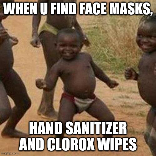 yep finally |  WHEN U FIND FACE MASKS, HAND SANITIZER AND CLOROX WIPES | image tagged in memes,third world success kid | made w/ Imgflip meme maker
