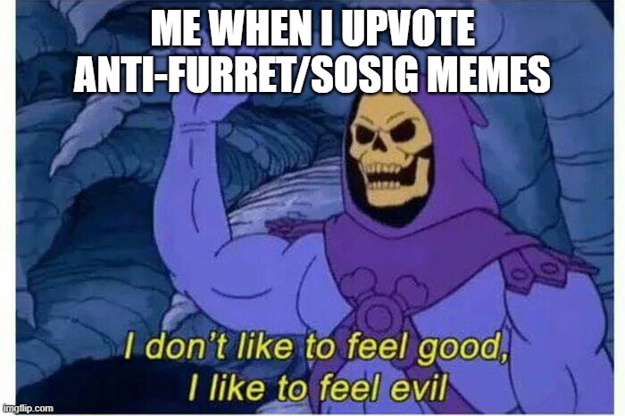 I don’t like to feel good, I like to feel evil | ME WHEN I UPVOTE ANTI-FURRET/SOSIG MEMES | image tagged in i dont like to feel good i like to feel evil | made w/ Imgflip meme maker