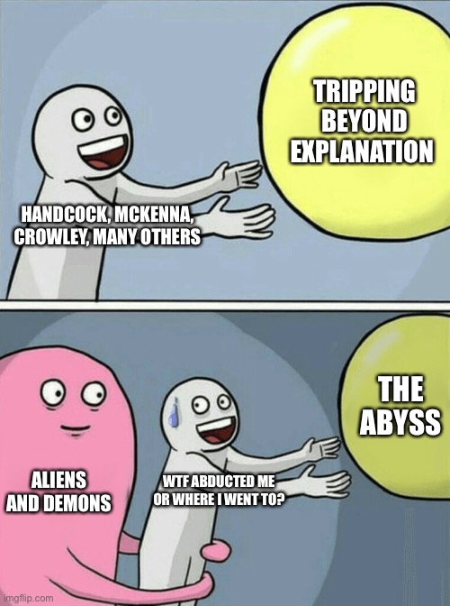 Running Away Balloon Meme | HANDCOCK, MCKENNA, CROWLEY, MANY OTHERS TRIPPING BEYOND EXPLANATION ALIENS AND DEMONS WTF ABDUCTED ME OR WHERE I WENT TO? THE ABYSS | image tagged in memes,running away balloon | made w/ Imgflip meme maker