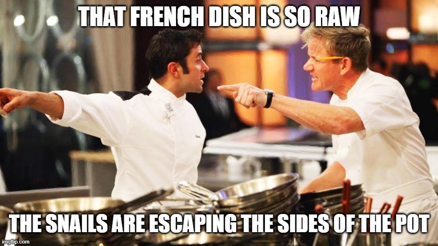 Undercooked French Food | THAT FRENCH DISH IS SO RAW; THE SNAILS ARE ESCAPING THE SIDES OF THE POT | image tagged in hell's kitchen | made w/ Imgflip meme maker