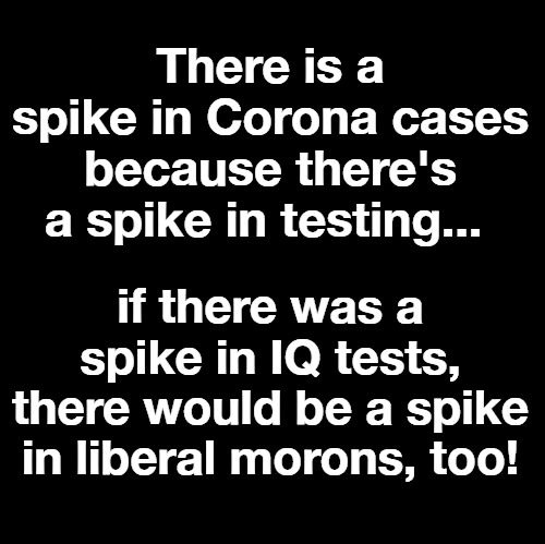 There is a spike in Corona cases because there's a spike in testing | There is a spike in Corona cases because there's a spike in testing... if there was a spike in IQ tests, there would be a spike in liberal morons, too! | image tagged in coronavirus,corona,testing,covid 19,stupid liberals,covidiots | made w/ Imgflip meme maker