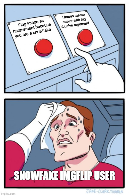 Meme complainers | Harass meme maker with big abusive argument; Flag image as harassment because you are a snowflake; SNOWFAKE IMGFLIP USER | image tagged in memes,two buttons | made w/ Imgflip meme maker