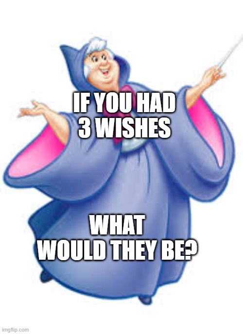 Make a wish | IF YOU HAD
3 WISHES; WHAT WOULD THEY BE? | image tagged in fairy god mother | made w/ Imgflip meme maker