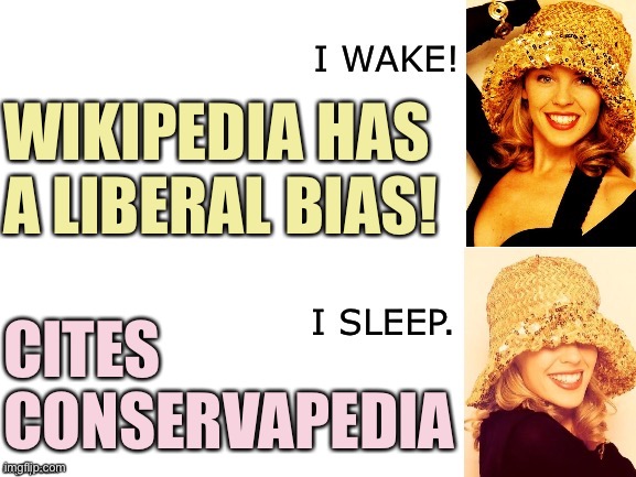 One of these sites has a political bias. Can you guess which? Hint: Look no further than the title | WIKIPEDIA HAS A LIBERAL BIAS! CITES CONSERVAPEDIA | image tagged in kylie i wake/i sleep,bias,wikipedia,conservative logic,conservative hypocrisy,biased media | made w/ Imgflip meme maker