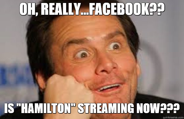 OH, REALLY...FACEBOOK?? IS "HAMILTON" STREAMING NOW??? | image tagged in broadway,facebook | made w/ Imgflip meme maker