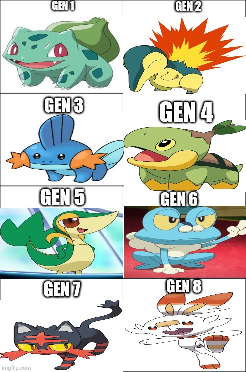 The starters I would pick in pokemon | GEN 1; GEN 2; GEN 3; GEN 4; GEN 5; GEN 6; GEN 8; GEN 7 | image tagged in eight panel rage comic maker | made w/ Imgflip meme maker