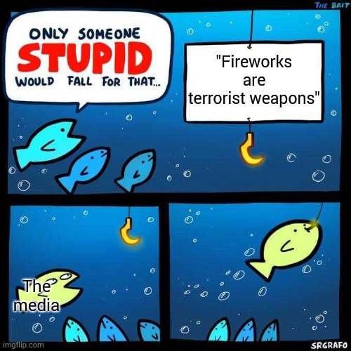 The media fell for it... |  "Fireworks are terrorist weapons"; The media | image tagged in only someone stupid would fall for that,memes,media,liberal logic,funny | made w/ Imgflip meme maker