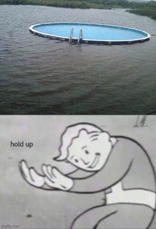 Swimming pool on river | image tagged in fallout hold up,hold up,swimming pool,funny,memes,river | made w/ Imgflip meme maker