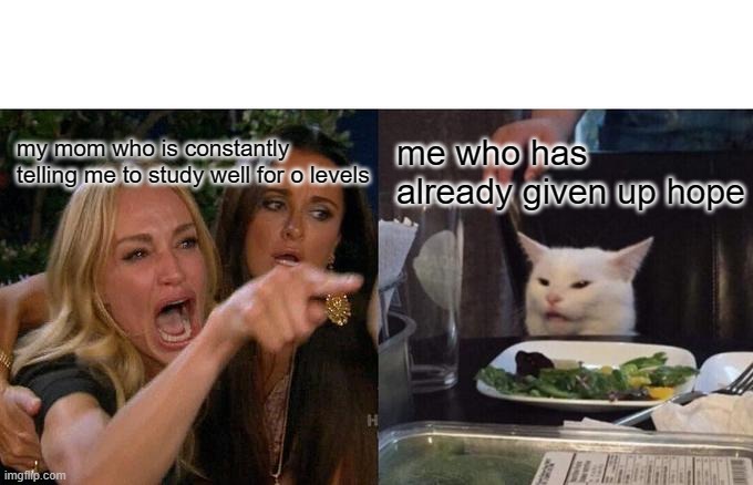 exam stress | my mom who is constantly telling me to study well for o levels; me who has already given up hope | image tagged in memes,woman yelling at cat | made w/ Imgflip meme maker