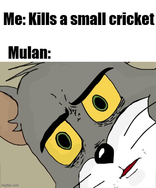 Unsettled tom | Me: Kills a small cricket; Mulan: | image tagged in blank white template,memes,unsettled tom,funny | made w/ Imgflip meme maker
