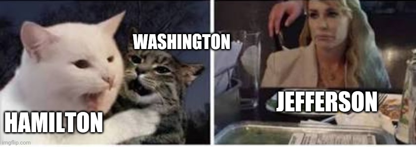 Cat yelling at woman | WASHINGTON; JEFFERSON; HAMILTON | image tagged in cat yelling at woman | made w/ Imgflip meme maker