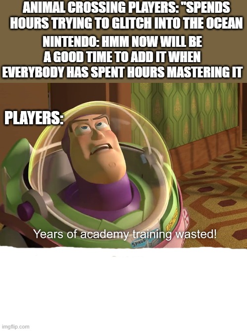 when you spend so long trying this that nintendo adds it themselfs | ANIMAL CROSSING PLAYERS: "SPENDS HOURS TRYING TO GLITCH INTO THE OCEAN; NINTENDO: HMM NOW WILL BE A GOOD TIME TO ADD IT WHEN EVERYBODY HAS SPENT HOURS MASTERING IT; PLAYERS: | image tagged in years of academy training wasted | made w/ Imgflip meme maker