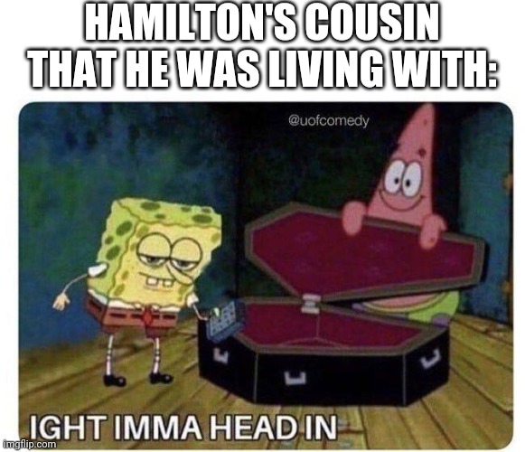 Ight Imma Head In | HAMILTON'S COUSIN THAT HE WAS LIVING WITH: | image tagged in ight imma head in | made w/ Imgflip meme maker