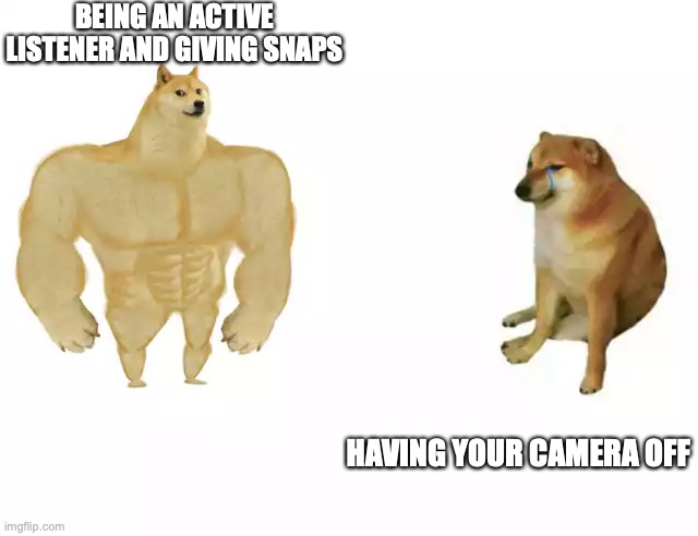 Virtual Camp Be Like | BEING AN ACTIVE LISTENER AND GIVING SNAPS; HAVING YOUR CAMERA OFF | image tagged in buff doge vs cheems | made w/ Imgflip meme maker