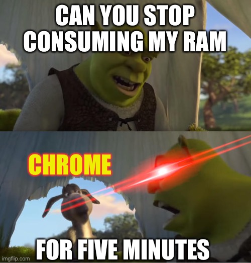 RAM Please | CAN YOU STOP CONSUMING MY RAM; CHROME; FOR FIVE MINUTES | image tagged in shrek for five minutes | made w/ Imgflip meme maker
