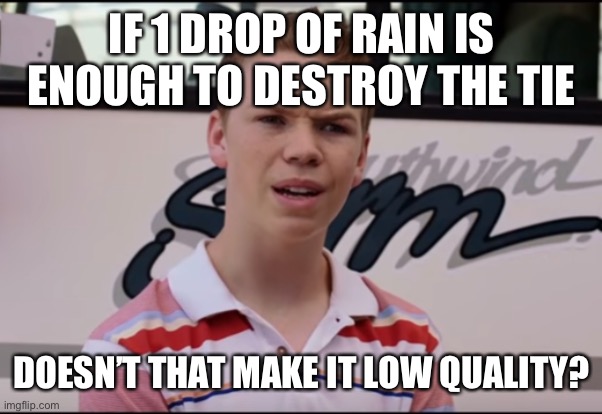 You Guys are Getting Paid | IF 1 DROP OF RAIN IS ENOUGH TO DESTROY THE TIE DOESN’T THAT MAKE IT LOW QUALITY? | image tagged in you guys are getting paid | made w/ Imgflip meme maker