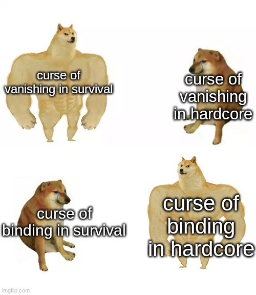 Buff Doge vs. Cheems | curse of vanishing in survival; curse of vanishing in hardcore; curse of binding in hardcore; curse of binding in survival | image tagged in buff doge vs cheems,minecraft,funny | made w/ Imgflip meme maker