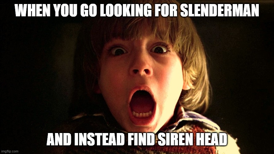 Slender Head | WHEN YOU GO LOOKING FOR SLENDERMAN; AND INSTEAD FIND SIREN HEAD | image tagged in danny shining redrum | made w/ Imgflip meme maker