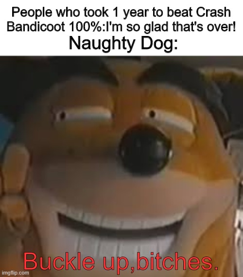 When Crash 2 was released: | People who took 1 year to beat Crash Bandicoot 100%:I'm so glad that's over! Naughty Dog:; Buckle up,bitches. | image tagged in crash bandicoot | made w/ Imgflip meme maker