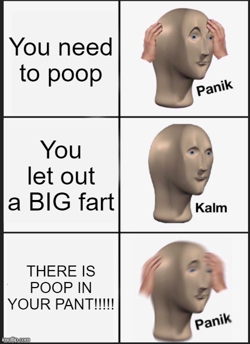 lol | You need to poop; You let out a BIG fart; THERE IS POOP IN YOUR PANT!!!!! | image tagged in memes,panik kalm panik | made w/ Imgflip meme maker