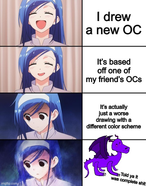Using this template because why the hell not | I drew a new OC; It’s based off one of my friend’s OCs; It’s actually just a worse drawing with a different color scheme; Told ya it was complete shit | image tagged in fumino furuhashi | made w/ Imgflip meme maker
