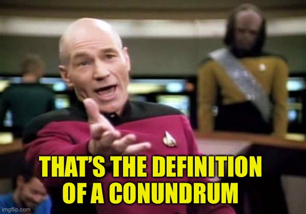 Picard Wtf Meme | THAT’S THE DEFINITION 
OF A CONUNDRUM | image tagged in memes,picard wtf | made w/ Imgflip meme maker