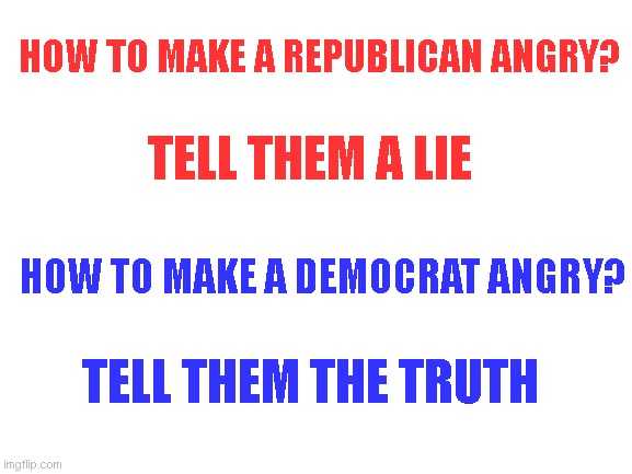 republicans and liberals | HOW TO MAKE A REPUBLICAN ANGRY? TELL THEM A LIE; HOW TO MAKE A DEMOCRAT ANGRY? TELL THEM THE TRUTH | image tagged in blank white template,republicans,liberal logic | made w/ Imgflip meme maker