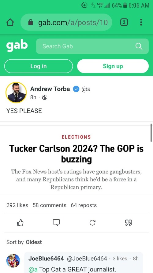 Tucker Carlson for POTUS 2024? | image tagged in tucker carlson,andrew torba,potus 46,tucker carlson for president,gop,gab | made w/ Imgflip meme maker