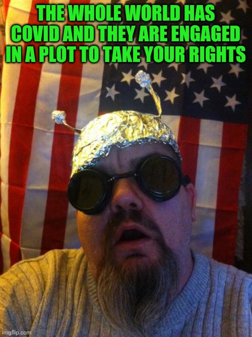 Mountain Man Tin Foil Hat | THE WHOLE WORLD HAS COVID AND THEY ARE ENGAGED IN A PLOT TO TAKE YOUR RIGHTS | image tagged in mountain man tin foil hat | made w/ Imgflip meme maker