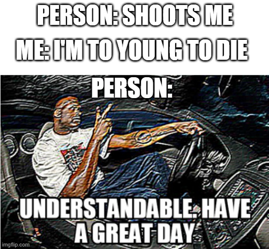 UNDERSTANDABLE, HAVE A GREAT DAY | ME: I'M TO YOUNG TO DIE; PERSON: SHOOTS ME; PERSON: | image tagged in understandable have a great day | made w/ Imgflip meme maker