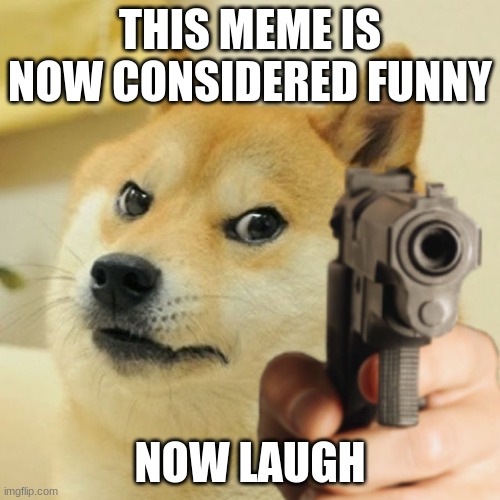 l a u g h | THIS MEME IS NOW CONSIDERED FUNNY; NOW LAUGH | image tagged in doge holding a gun | made w/ Imgflip meme maker