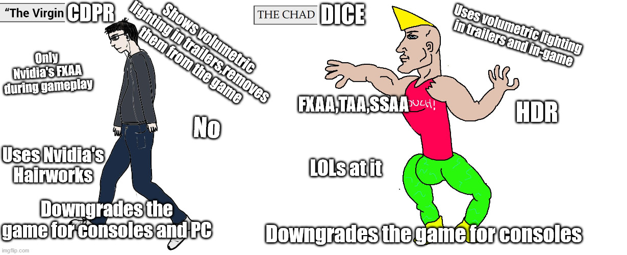 Virgin and Chad | CDPR; DICE; Uses volumetric lighting in trailers and in-game; Shows volumetric lighting in trailers,removes them from the game; Only Nvidia's FXAA during gameplay; FXAA,TAA,SSAA; HDR; No; Uses Nvidia's Hairworks; LOLs at it; Downgrades the game for consoles and PC; Downgrades the game for consoles | image tagged in virgin and chad | made w/ Imgflip meme maker