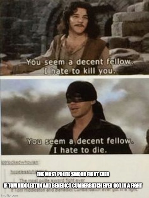 The bottom was blurry so I rewrote it... | THE MOST POLITE SWORD FIGHT EVER; IF TOM HIDDLESTON AND BENEDICT CUMBERBATCH EVER GOT IN A FIGHT | image tagged in pinterest,tom hiddleston,benedict cumberbatch,the princess bride,the dread pirate roberts,inigo montoya | made w/ Imgflip meme maker