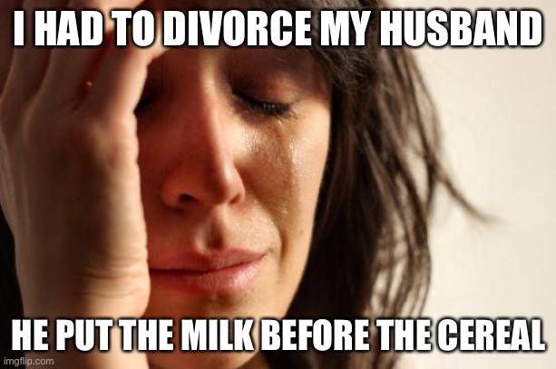First World Problems Meme | I HAD TO DIVORCE MY HUSBAND; HE PUT THE MILK BEFORE THE CEREAL | image tagged in memes,first world problems | made w/ Imgflip meme maker