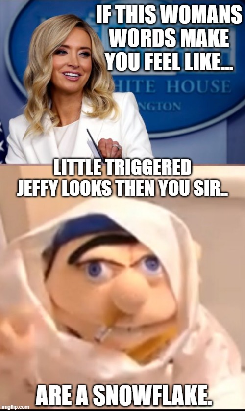 IF YOU THINK SHE DOESN'T HAVE A LOVELY SMILE THEN YOU'RE PROBABLY ATTRACTED TO MEN. | IF THIS WOMANS WORDS MAKE YOU FEEL LIKE... LITTLE TRIGGERED JEFFY LOOKS THEN YOU SIR.. ARE A SNOWFLAKE. | image tagged in triggered jeffy,kayleigh mcenany,snowflake,point out on the doll where kayley touched you | made w/ Imgflip meme maker