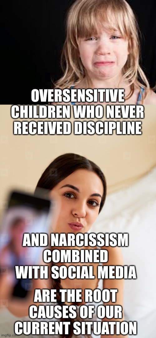 OVERSENSITIVE CHILDREN WHO NEVER RECEIVED DISCIPLINE; AND NARCISSISM COMBINED WITH SOCIAL MEDIA; ARE THE ROOT CAUSES OF OUR CURRENT SITUATION | image tagged in overly sensitive | made w/ Imgflip meme maker