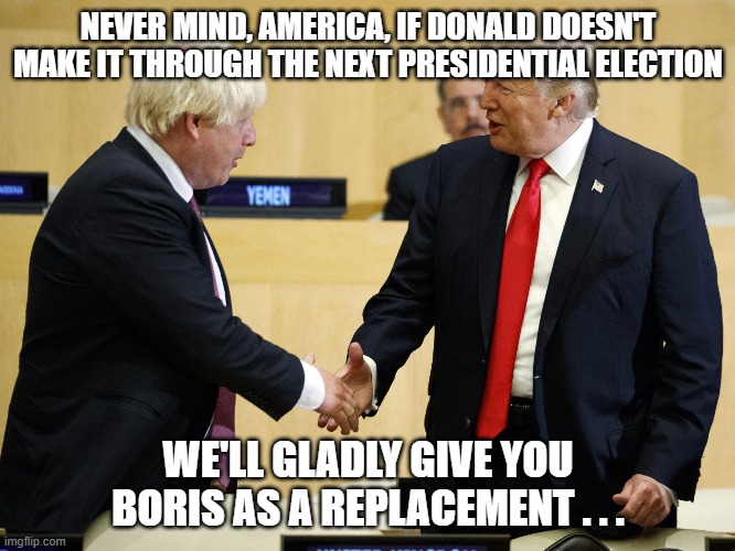 Trump boris johnson | NEVER MIND, AMERICA, IF DONALD DOESN'T MAKE IT THROUGH THE NEXT PRESIDENTIAL ELECTION; WE'LL GLADLY GIVE YOU BORIS AS A REPLACEMENT . . . | image tagged in trump boris johnson | made w/ Imgflip meme maker