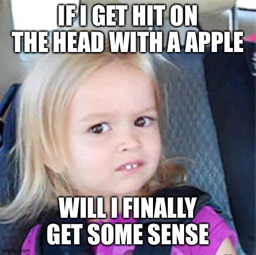 What? | IF I GET HIT ON THE HEAD WITH A APPLE; WILL I FINALLY GET SOME SENSE | image tagged in confused little girl | made w/ Imgflip meme maker