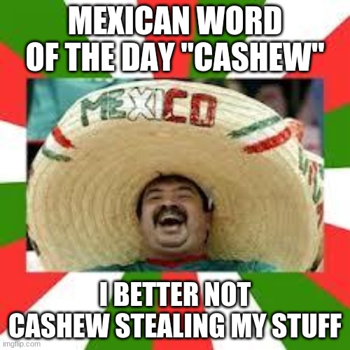 Mexican Fiesta | MEXICAN WORD OF THE DAY "CASHEW"; I BETTER NOT CASHEW STEALING MY STUFF | image tagged in mexican word of the day | made w/ Imgflip meme maker