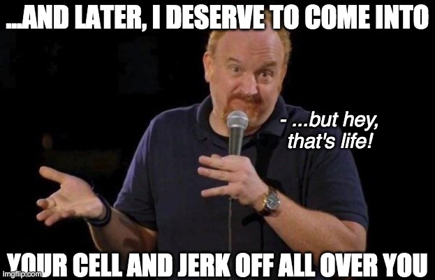Louis ck but maybe | ...AND LATER, I DESERVE TO COME INTO YOUR CELL AND JERK OFF ALL OVER YOU - ...but hey, that's life! | image tagged in louis ck but maybe | made w/ Imgflip meme maker