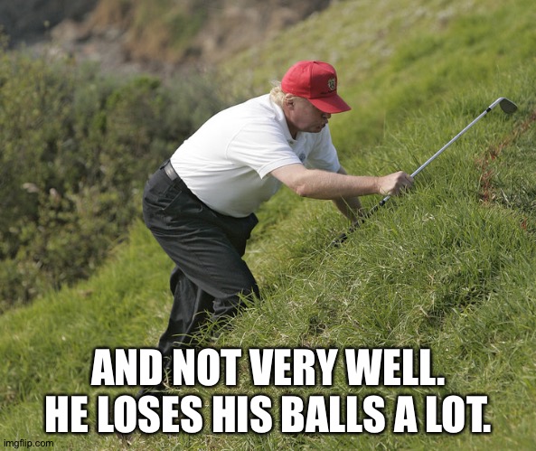trump golfing | AND NOT VERY WELL.
HE LOSES HIS BALLS A LOT. | image tagged in trump golfing | made w/ Imgflip meme maker