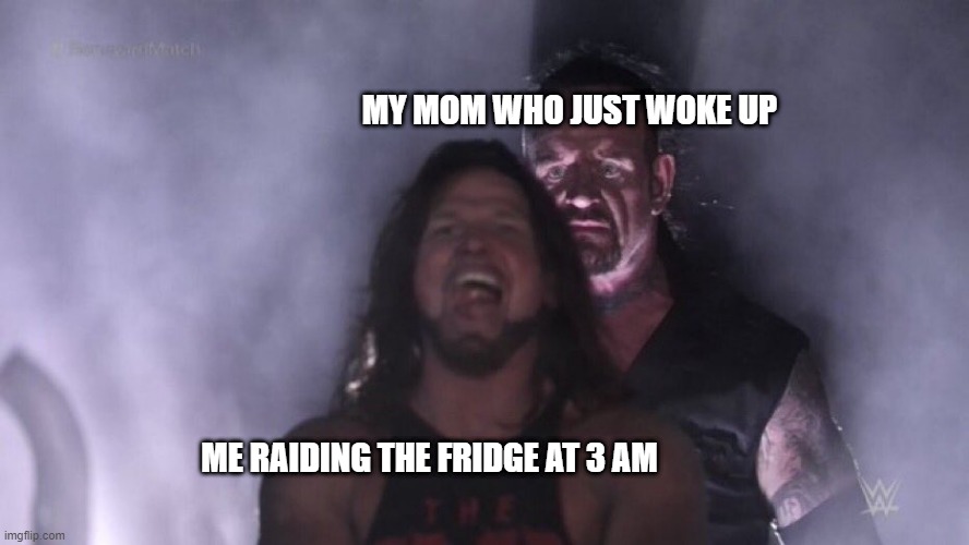 the whole truth |  MY MOM WHO JUST WOKE UP; ME RAIDING THE FRIDGE AT 3 AM | image tagged in aj styles  undertaker | made w/ Imgflip meme maker