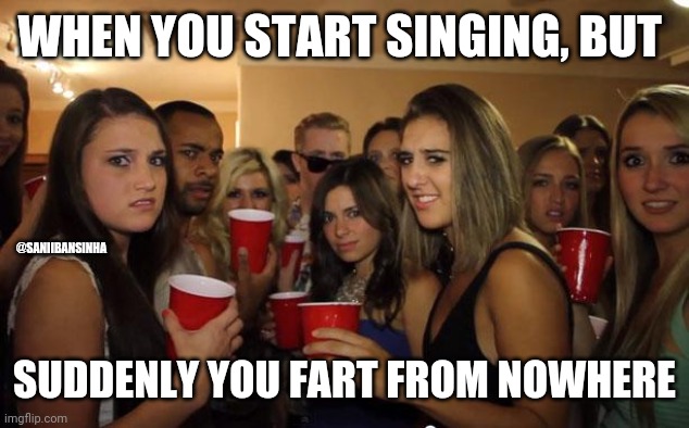 Party_fart | WHEN YOU START SINGING, BUT; @SANIIBANSINHA; SUDDENLY YOU FART FROM NOWHERE | image tagged in awkward party | made w/ Imgflip meme maker