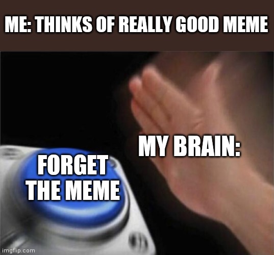 Blank Nut Button | ME: THINKS OF REALLY GOOD MEME; MY BRAIN:; FORGET THE MEME | image tagged in memes,blank nut button | made w/ Imgflip meme maker